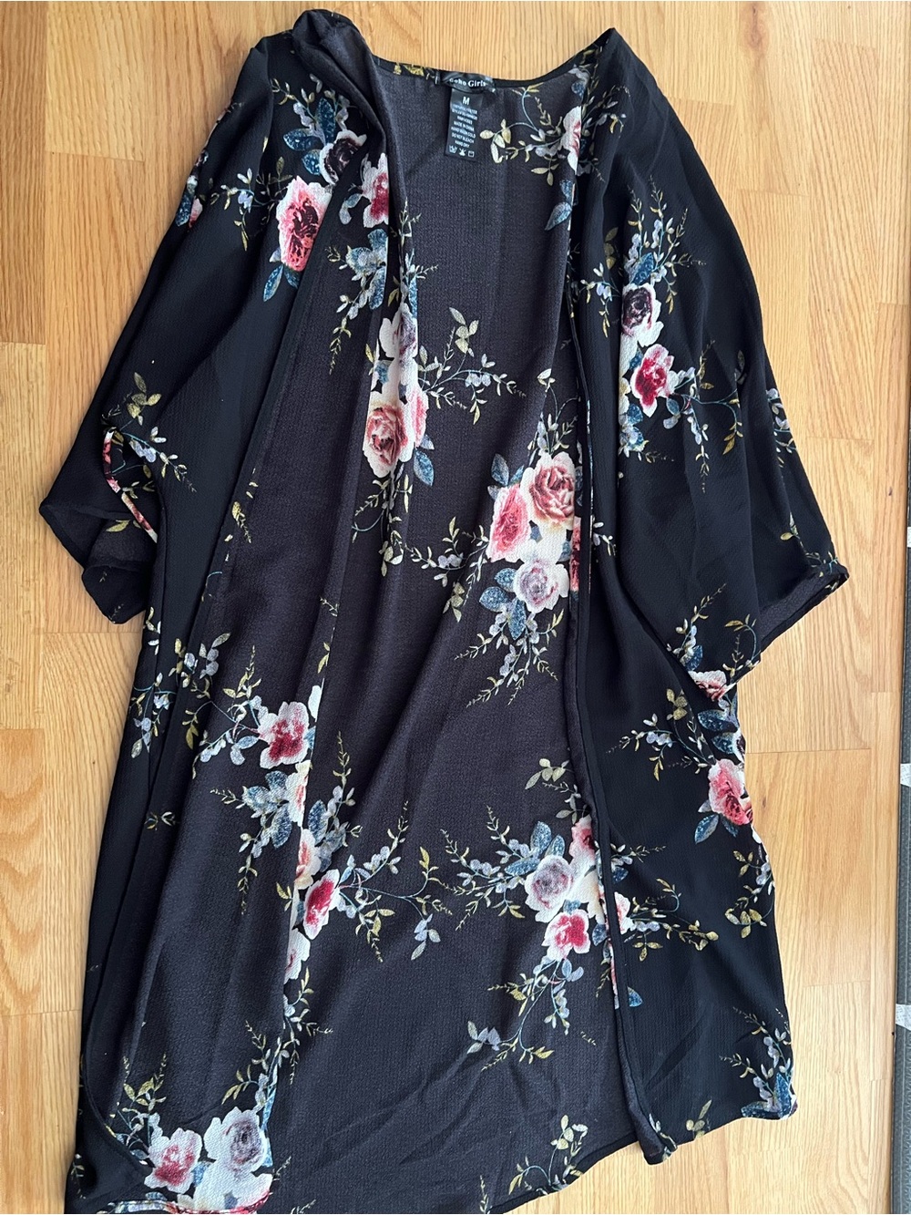 Black Floral Kimono Cardigan - Pink & Cream Roses